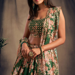 Refined Petal Floral Printed Green Organza Lehenga Choli