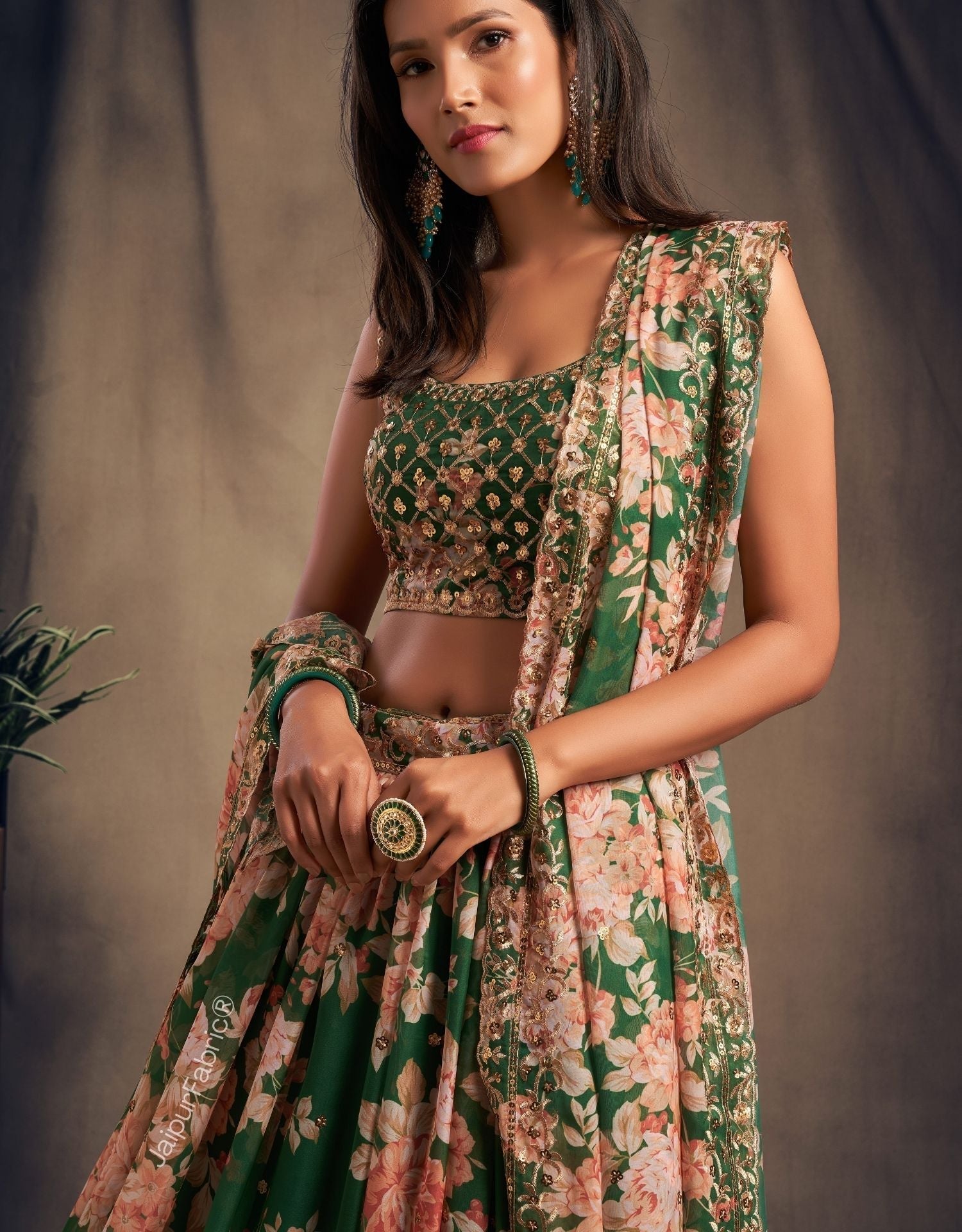Refined Petal Floral Printed Green Organza Lehenga Choli