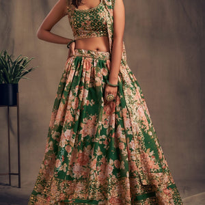 Refined Petal Floral Printed Green Organza Lehenga Choli