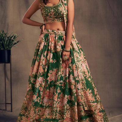 Refined Petal Floral Printed Green Organza Lehenga Choli