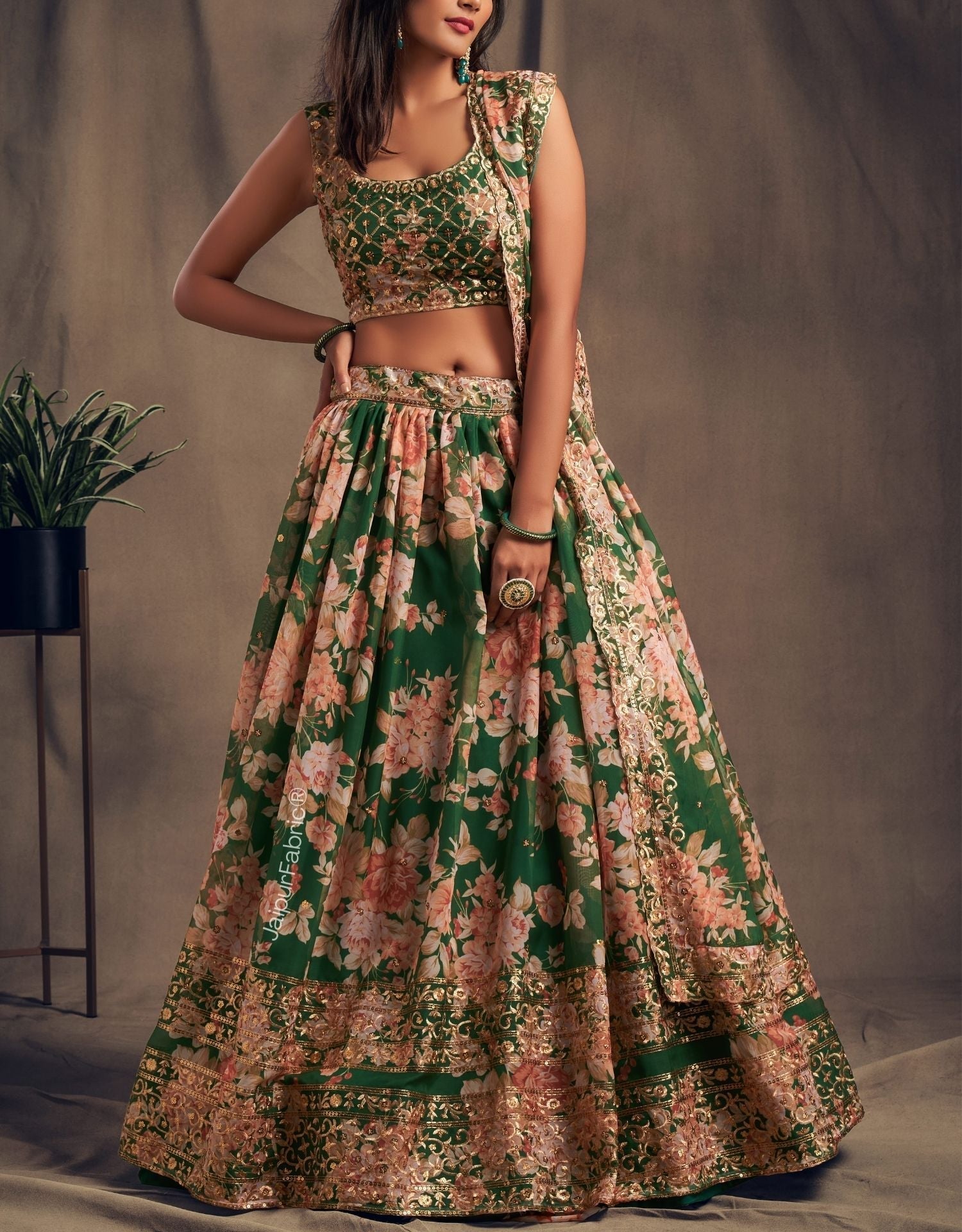 Refined Petal Floral Printed Green Organza Lehenga Choli