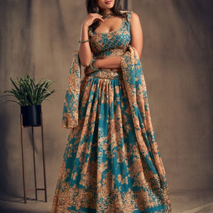 Radiant Flower Printed Teal Blue Organza Lehenga Choli
