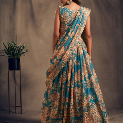 Radiant Flower Printed Teal Blue Organza Lehenga Choli