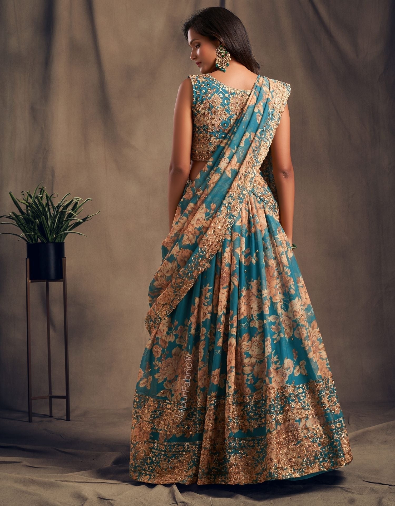 Radiant Flower Printed Teal Blue Organza Lehenga Choli
