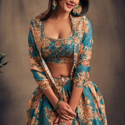 Radiant Flower Printed Teal Blue Organza Lehenga Choli