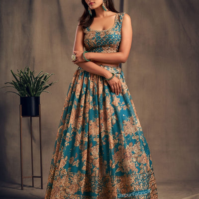 Radiant Flower Printed Teal Blue Organza Lehenga Choli