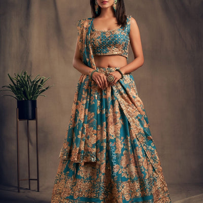 Radiant Flower Printed Teal Blue Organza Lehenga Choli