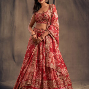 Elegant Floral Printed Red Organza Lehenga Choli