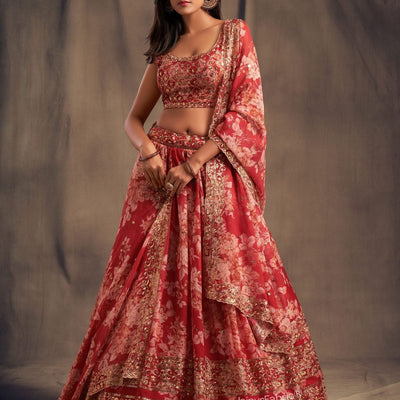 Elegant Floral Printed Red Organza Lehenga Choli