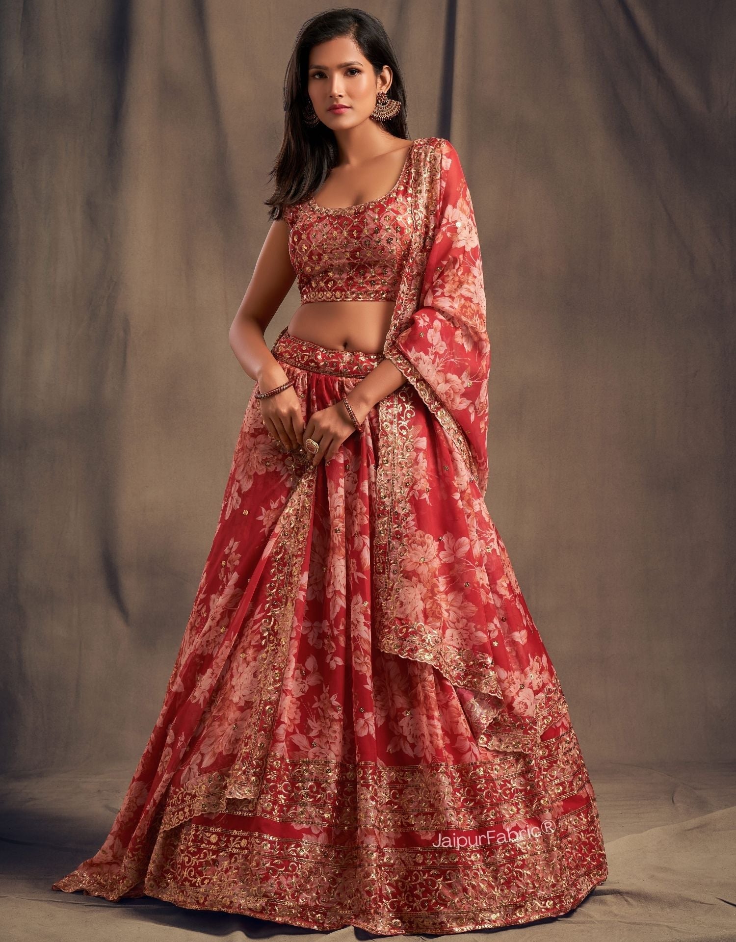 Elegant Floral Printed Red Organza Lehenga Choli