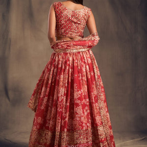 Elegant Floral Printed Red Organza Lehenga Choli