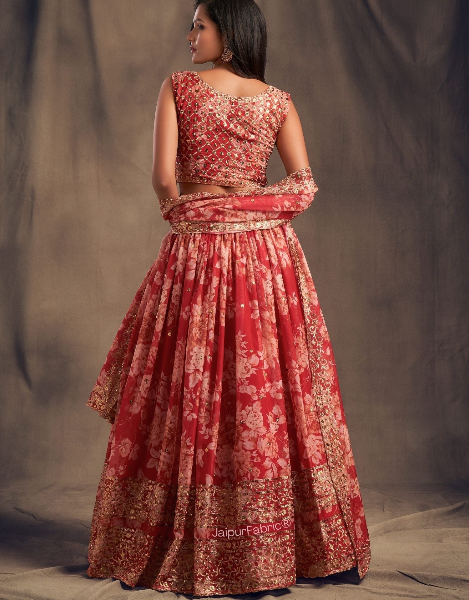 Elegant Floral Printed Red Organza Lehenga Choli