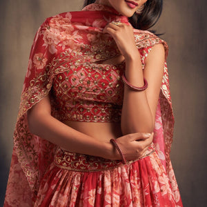 Elegant Floral Printed Red Organza Lehenga Choli