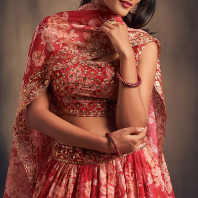 Elegant Floral Printed Red Organza Lehenga Choli