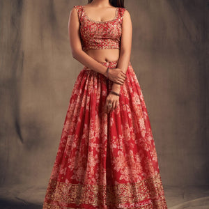 Elegant Floral Printed Red Organza Lehenga Choli