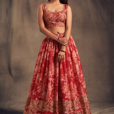 Elegant Floral Printed Red Organza Lehenga Choli