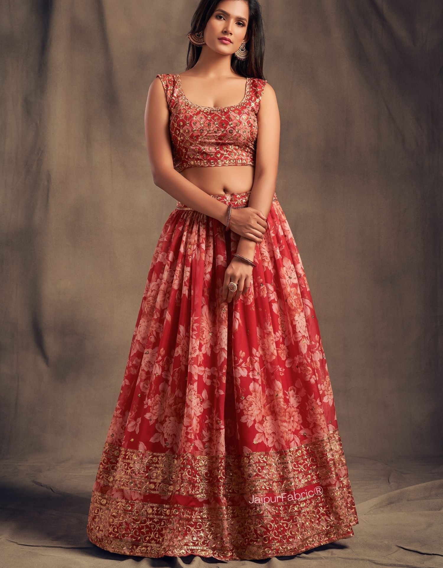 Elegant Floral Printed Red Organza Lehenga Choli