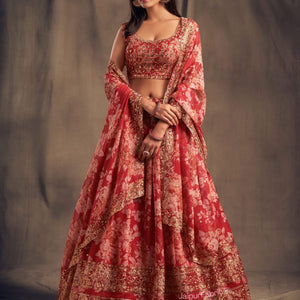 Elegant Floral Printed Red Organza Lehenga Choli