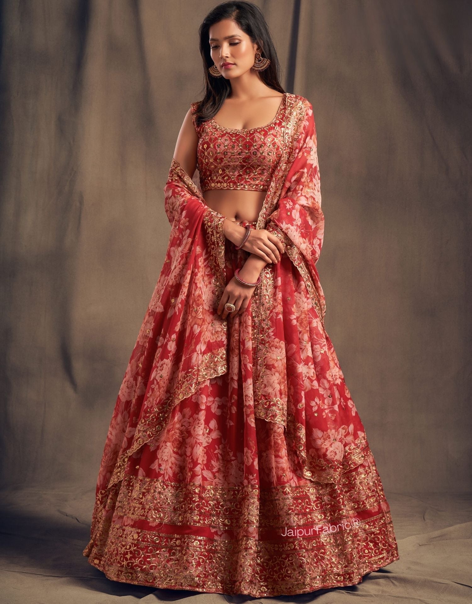 Elegant Floral Printed Red Organza Lehenga Choli