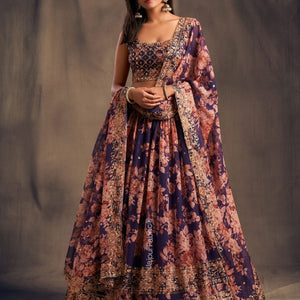 Majestic Bloom Printed Purple Organza Lehenga Choli