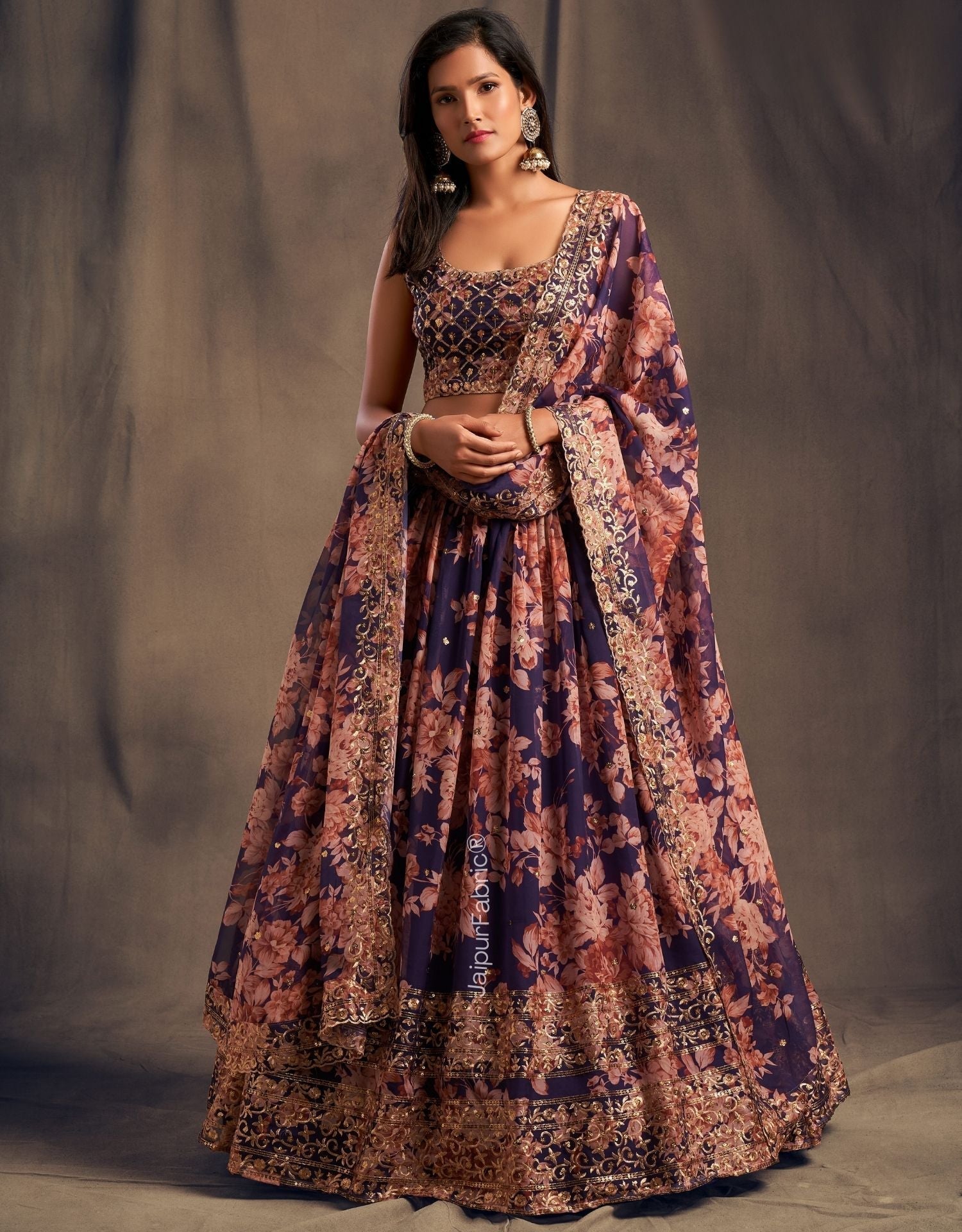 Majestic Bloom Printed Purple Organza Lehenga Choli