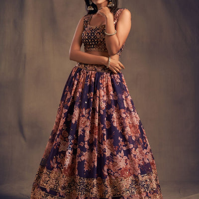 Majestic Bloom Printed Purple Organza Lehenga Choli