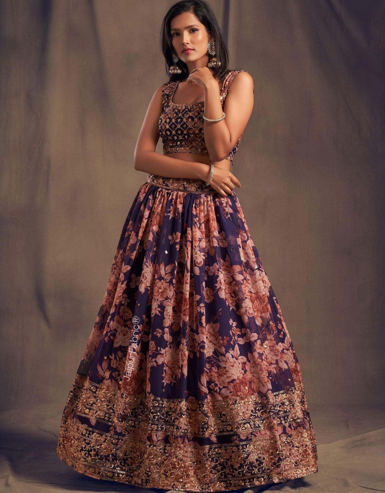 Majestic Bloom Printed Purple Organza Lehenga Choli