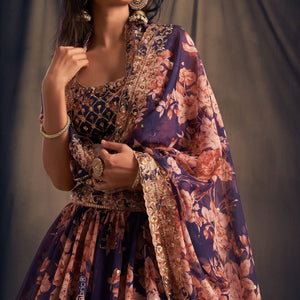 Majestic Bloom Printed Purple Organza Lehenga Choli