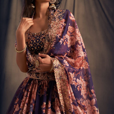 Majestic Bloom Printed Purple Organza Lehenga Choli