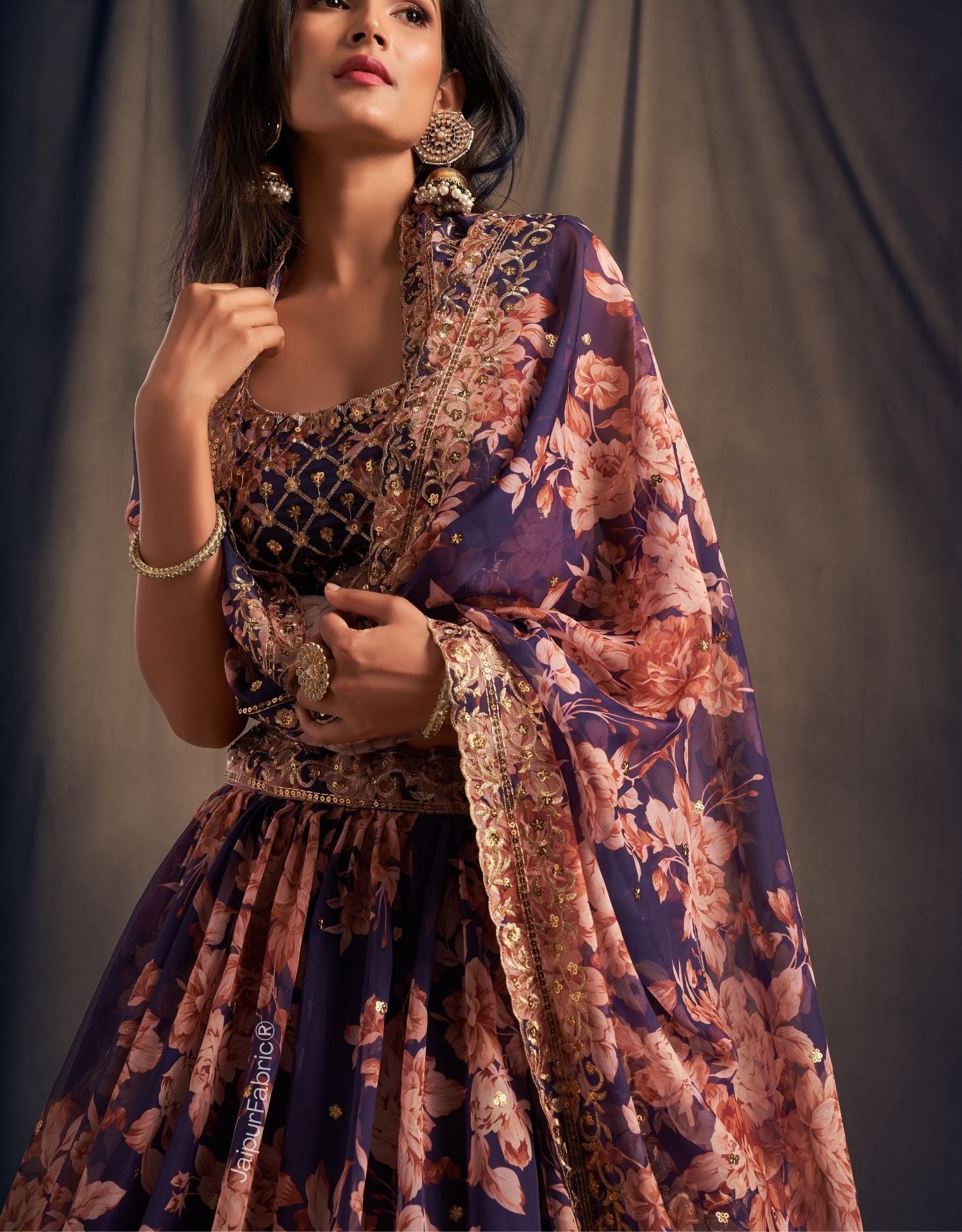 Majestic Bloom Printed Purple Organza Lehenga Choli