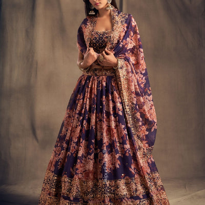 Majestic Bloom Printed Purple Organza Lehenga Choli