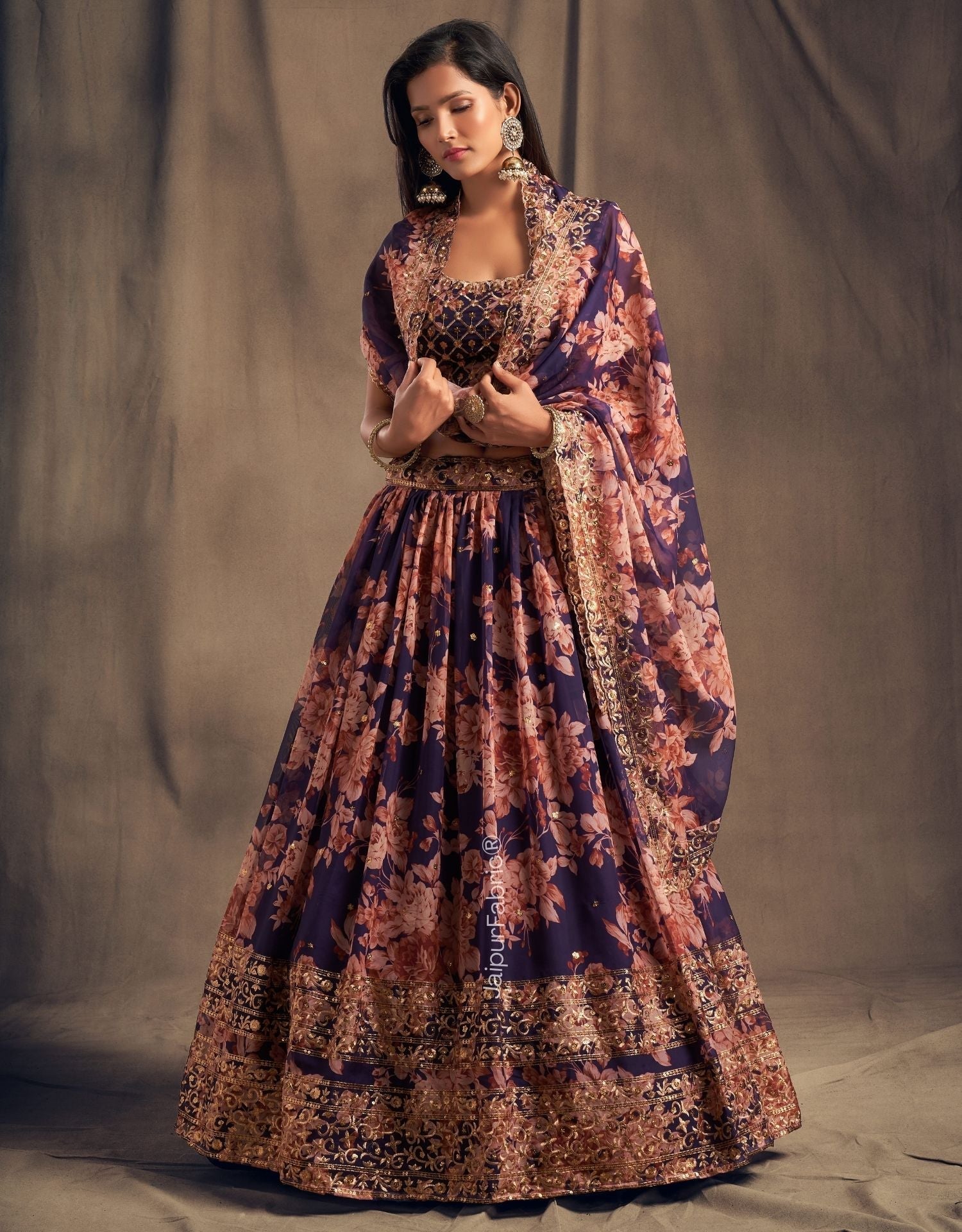 Majestic Bloom Printed Purple Organza Lehenga Choli