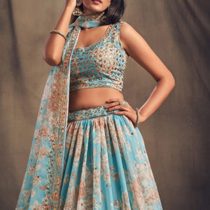 Timeless Floral Printed Sky Blue Organza Lehenga Choli