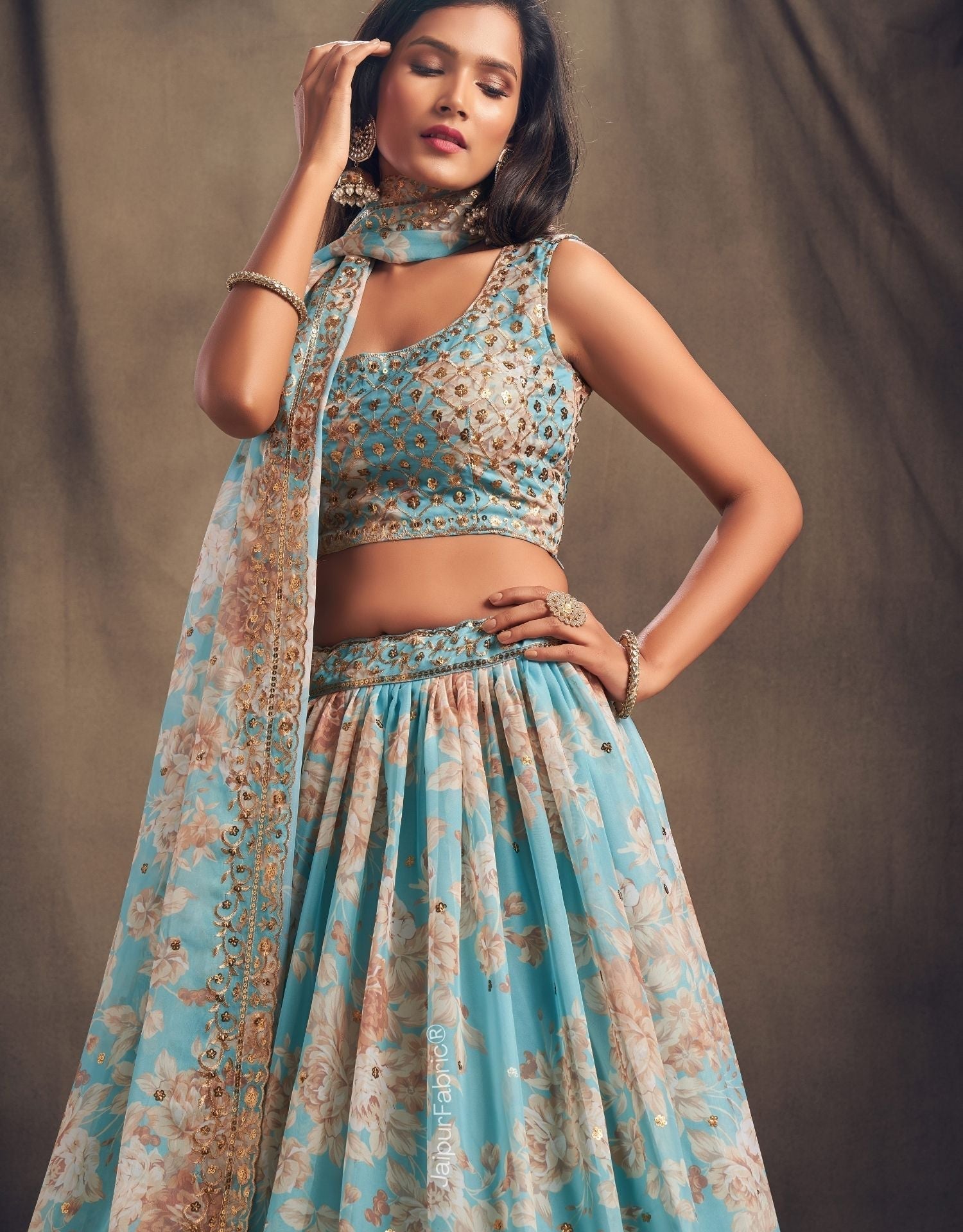 Timeless Floral Printed Sky Blue Organza Lehenga Choli