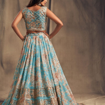 Timeless Floral Printed Sky Blue Organza Lehenga Choli
