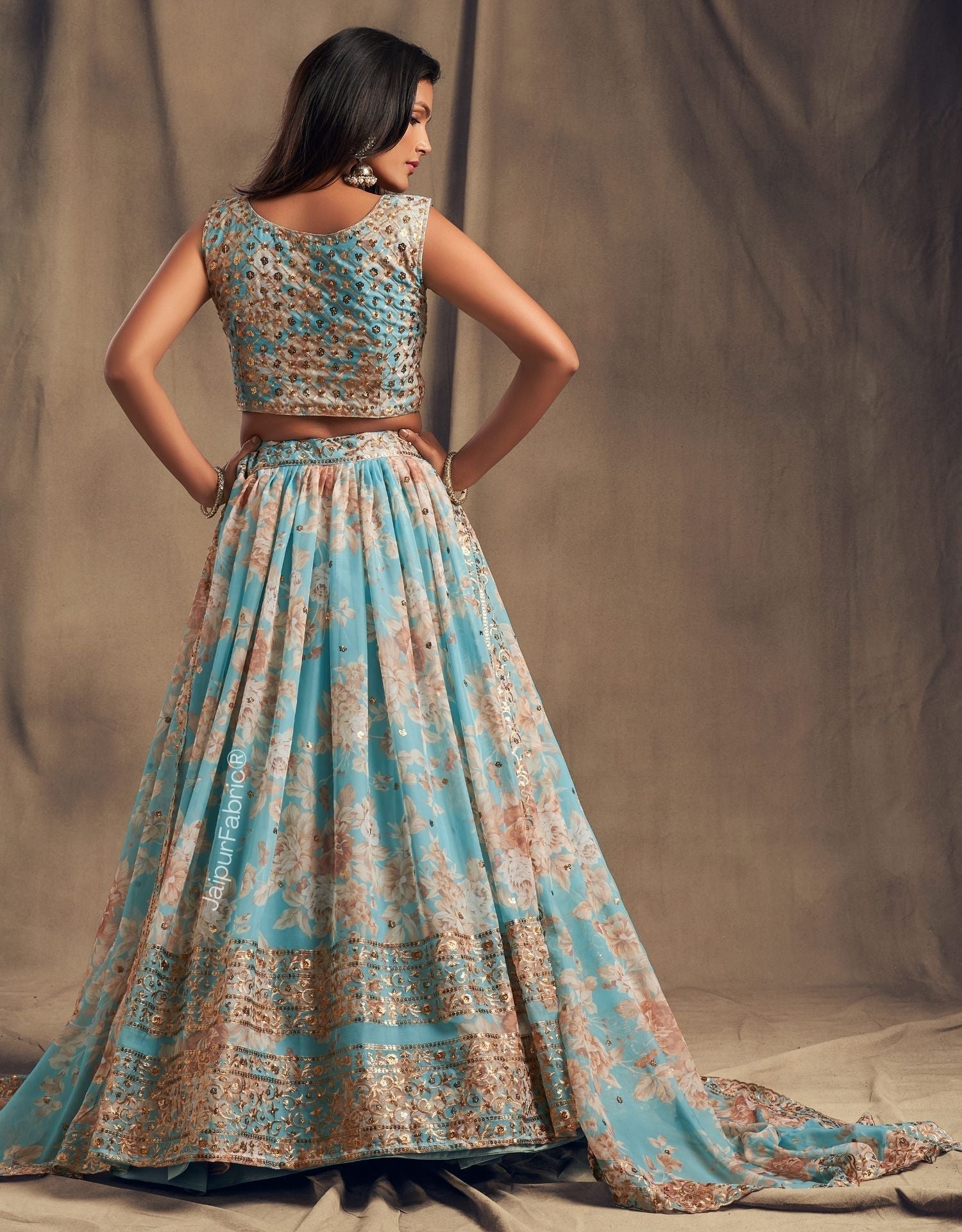 Timeless Floral Printed Sky Blue Organza Lehenga Choli