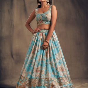 Timeless Floral Printed Sky Blue Organza Lehenga Choli