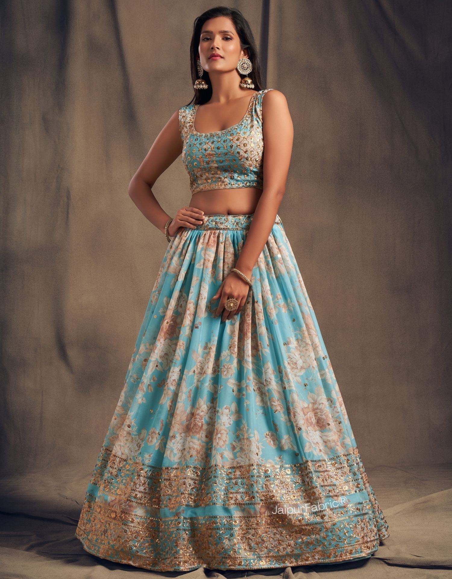 Timeless Floral Printed Sky Blue Organza Lehenga Choli