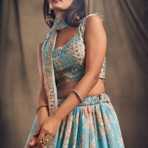 Timeless Floral Printed Sky Blue Organza Lehenga Choli