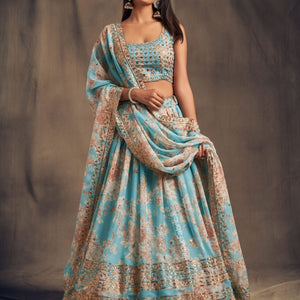 Timeless Floral Printed Sky Blue Organza Lehenga Choli