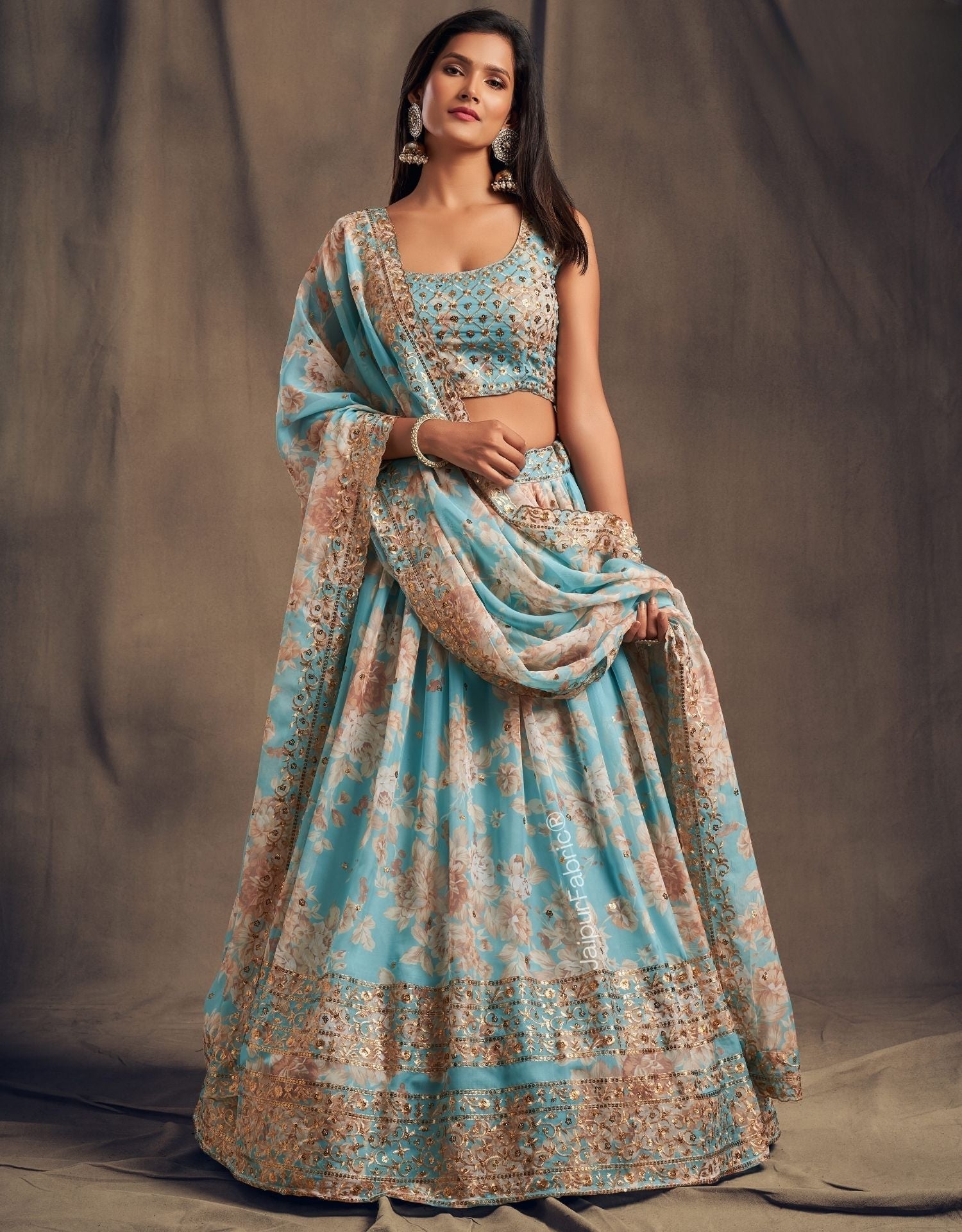 Timeless Floral Printed Sky Blue Organza Lehenga Choli