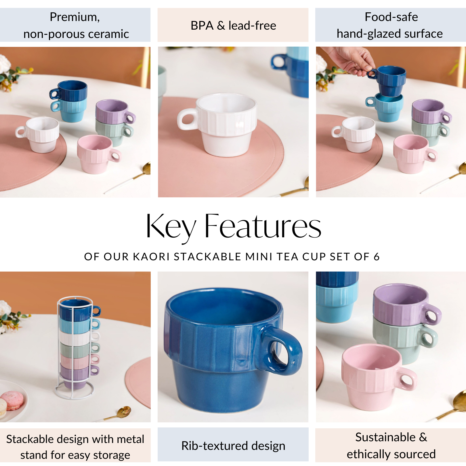 Stackable Mini Tea Cup Set Of 6 Kaori Ocean Tones 100ml