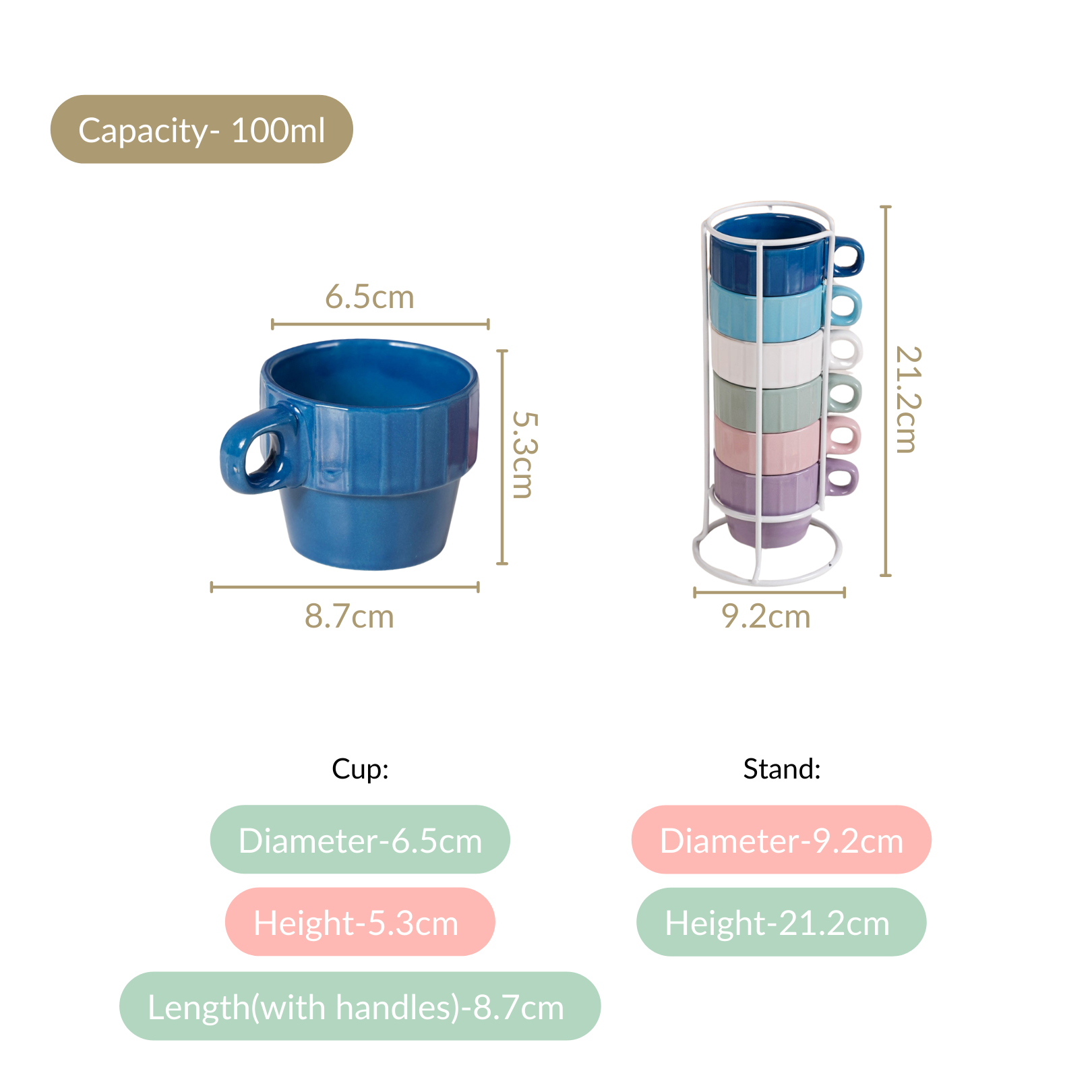 Stackable Mini Tea Cup Set Of 6 Kaori Ocean Tones 100ml