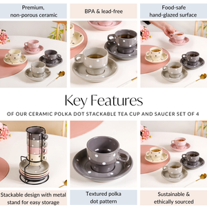 Ceramic Polka Dot Stackable Tea Cup And Saucer Set Of 4 100ml