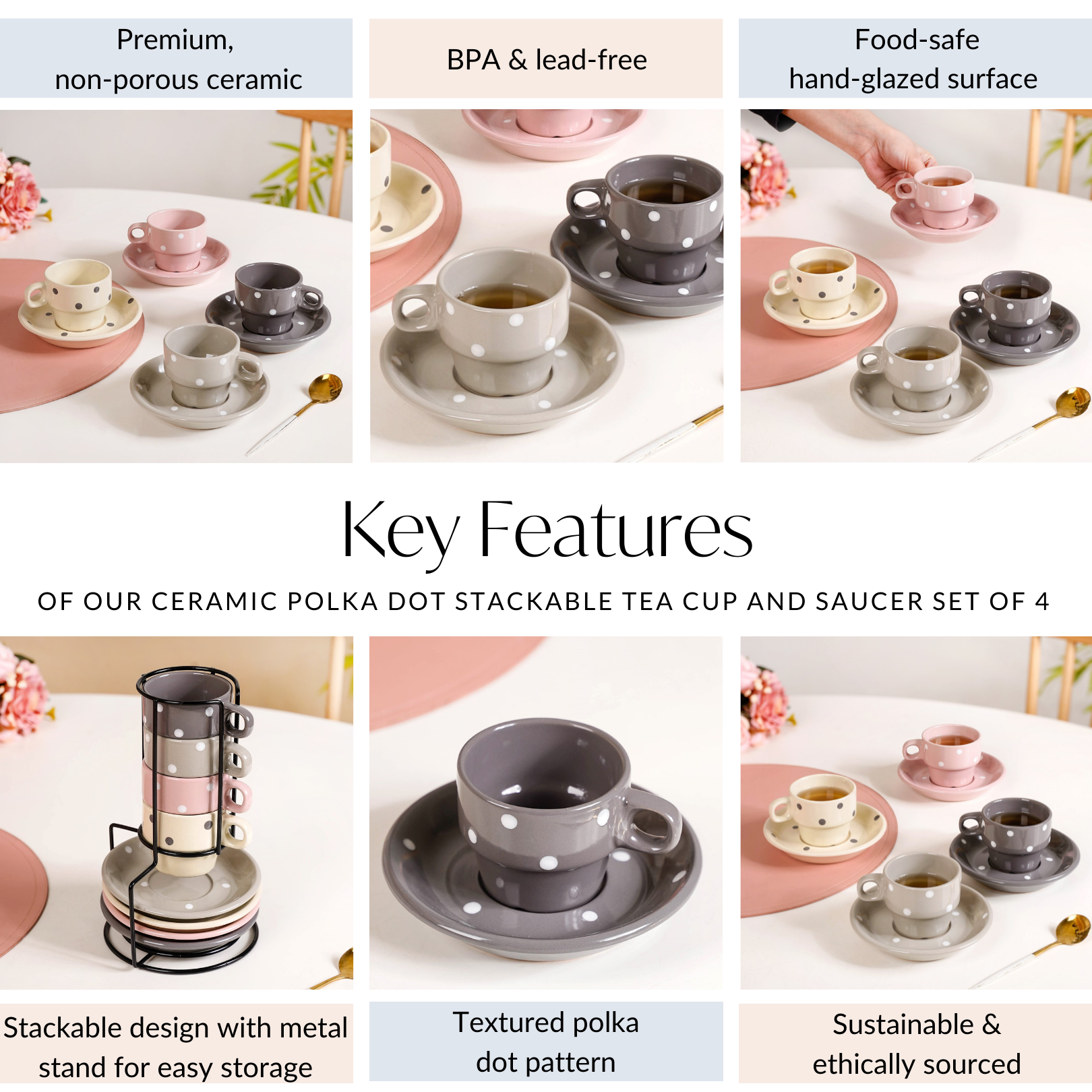 Ceramic Polka Dot Stackable Tea Cup And Saucer Set Of 4 100ml