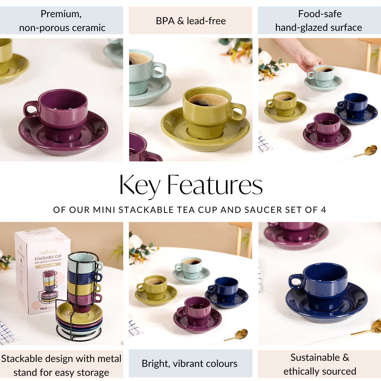 Mini Stackable Tea Cup And Saucer Set Of 4 Multicolour 100ml