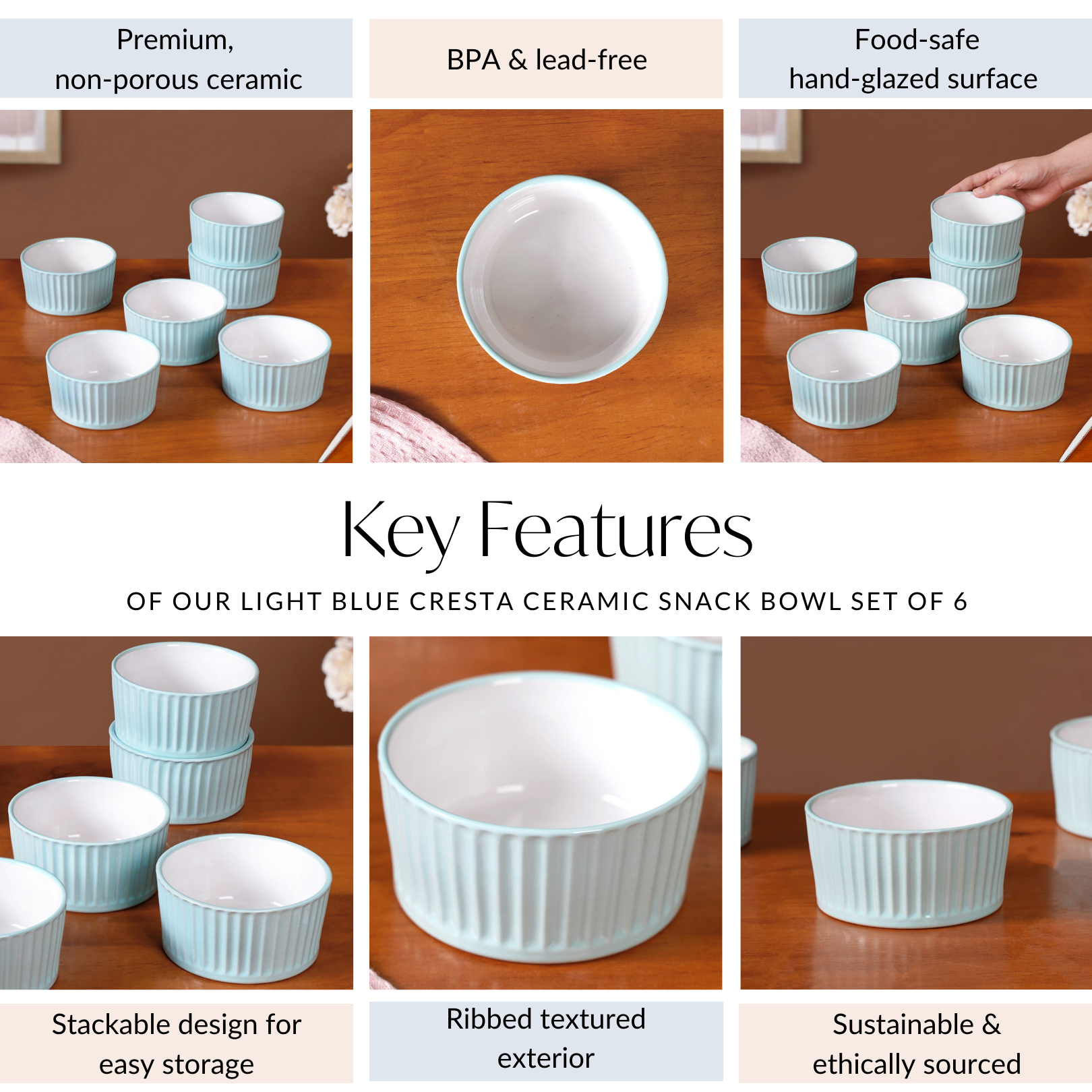 Light Blue Cresta Ceramic Snack Bowl Set Of 6 400ml