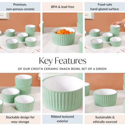 Cresta Ceramic Snack Bowl Set Of 6 Green 400ml