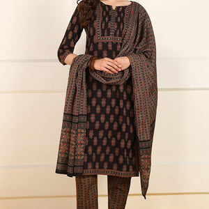 Brown Cotton Floral Printed Straight Suit Set JPSKD1007BRN