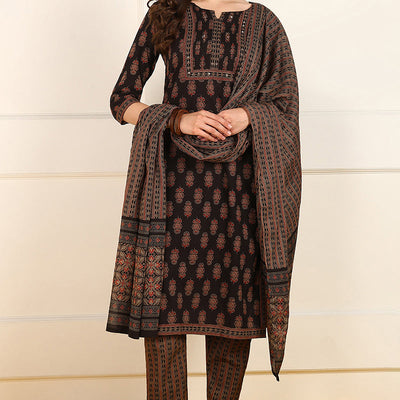 Brown Cotton Floral Printed Straight Suit Set JPSKD1007BRN
